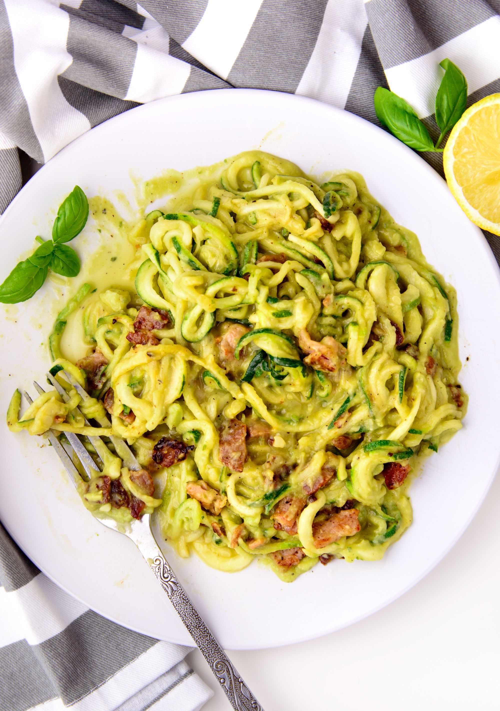 creamy avocado zoodles with bacon