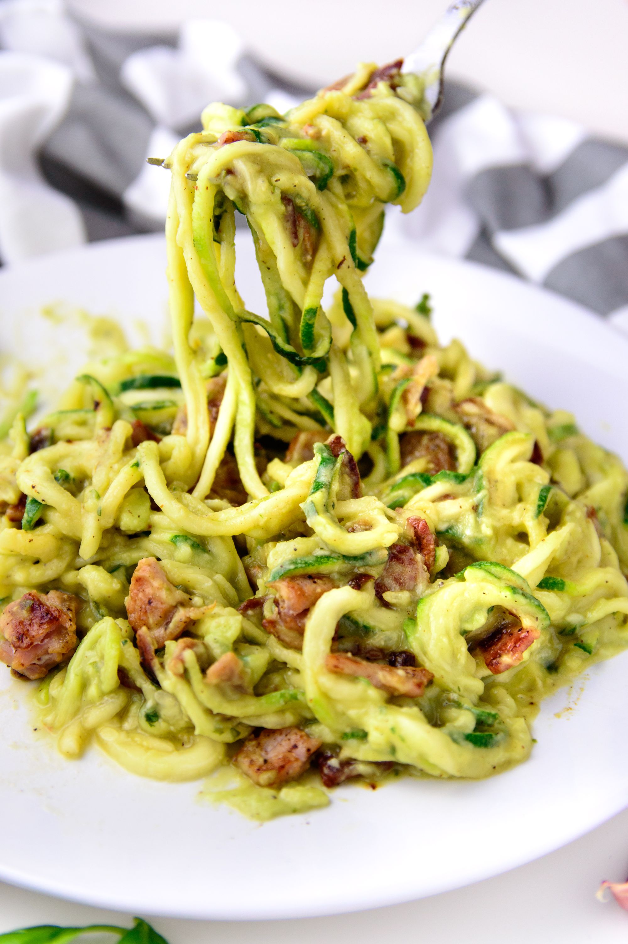 creamy avocado zoodles with bacon