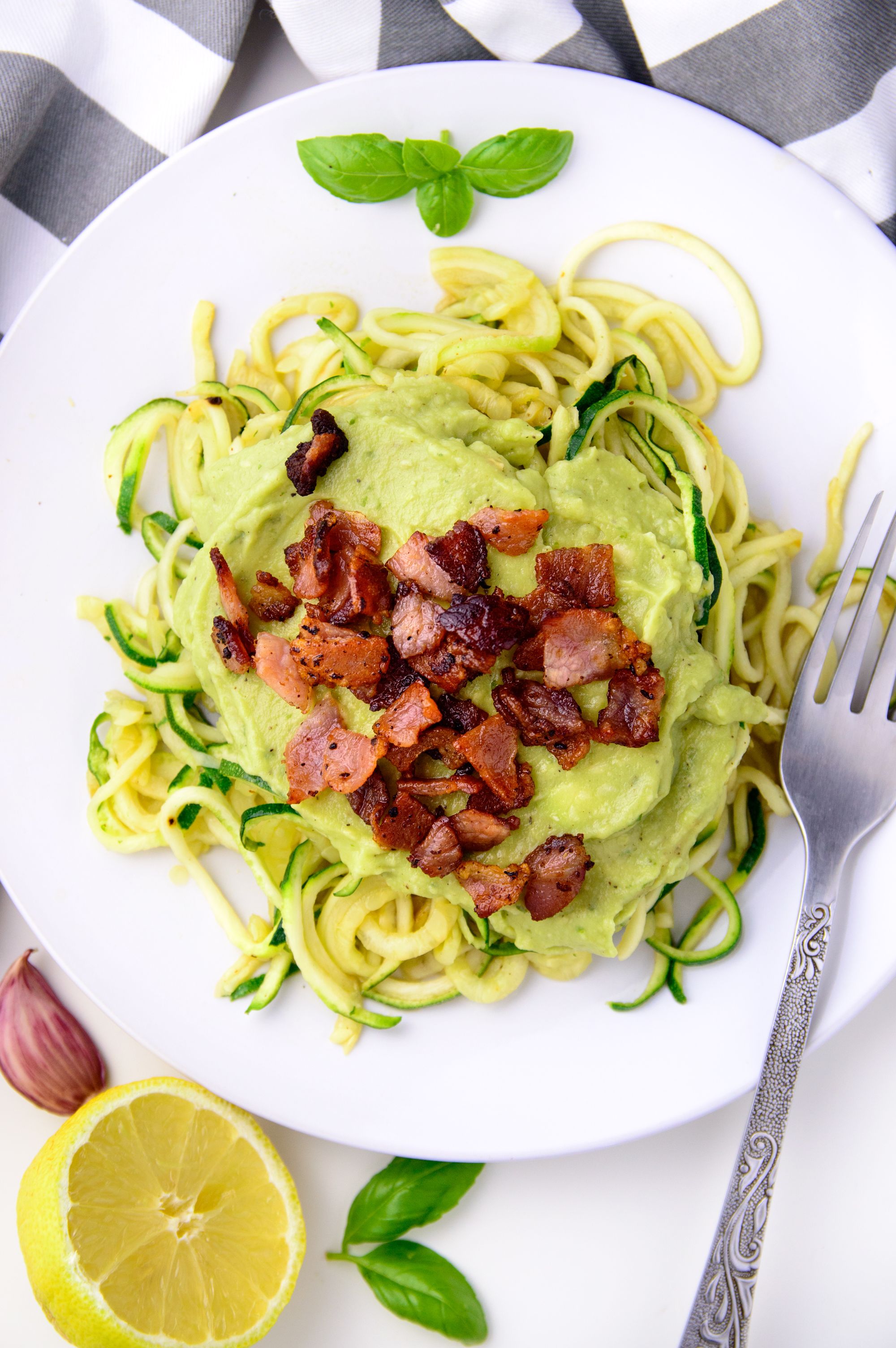 creamy avocado zoodles with bacon