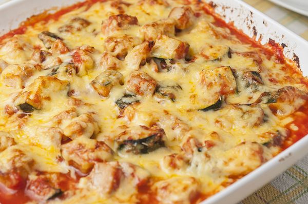 Layered baked zucchini with turkey and mozzarella